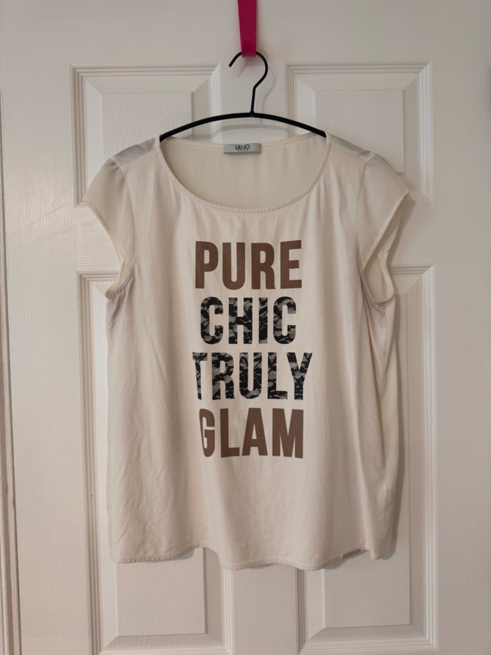 Liu Jo Cream Faux Leather Front Graphic Tee Sheer Back Size 42 Chic Statement